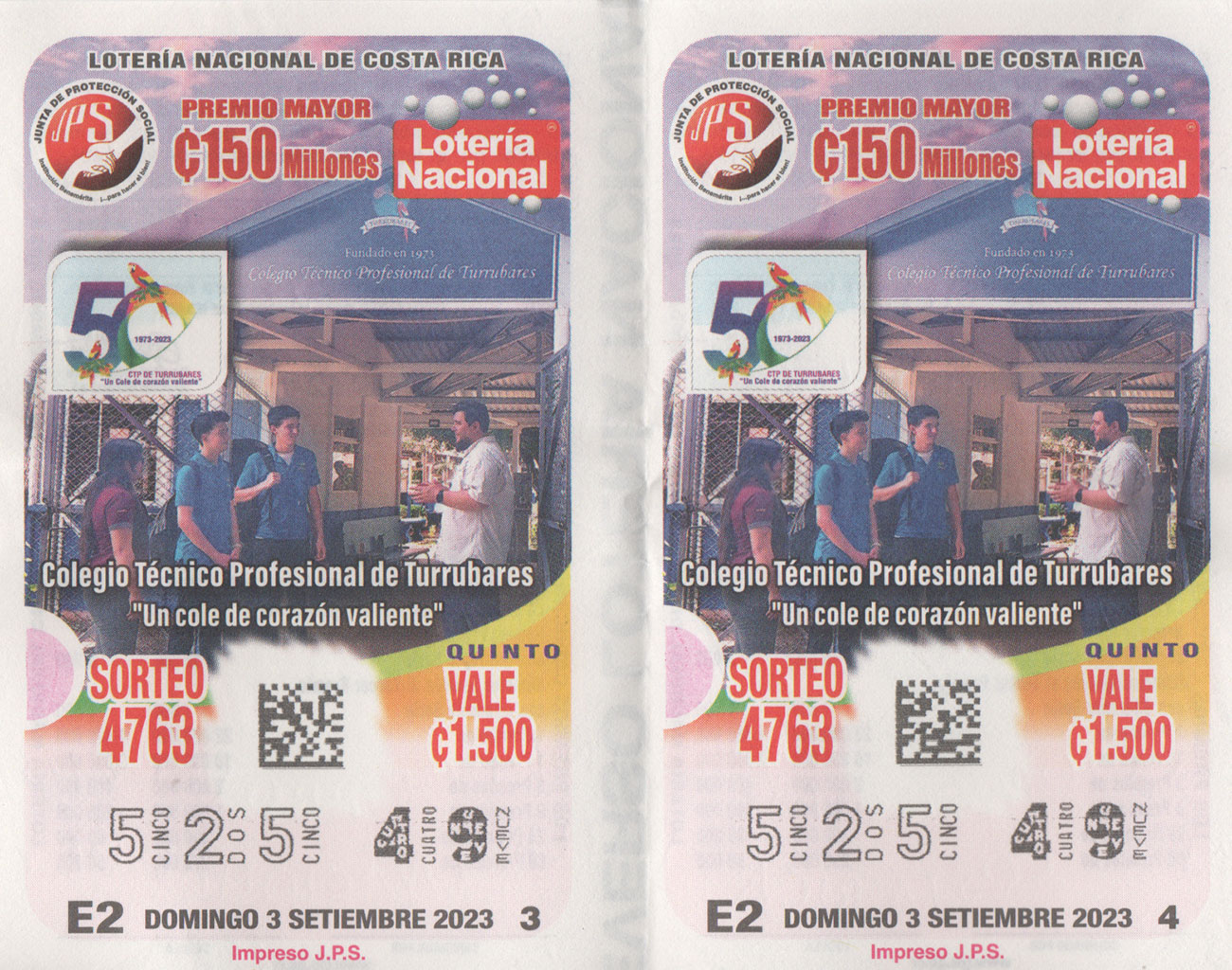 Loteria 525-49 / JPS, Colegio Ténico Profesional de Turrubares, Domingo-03092023