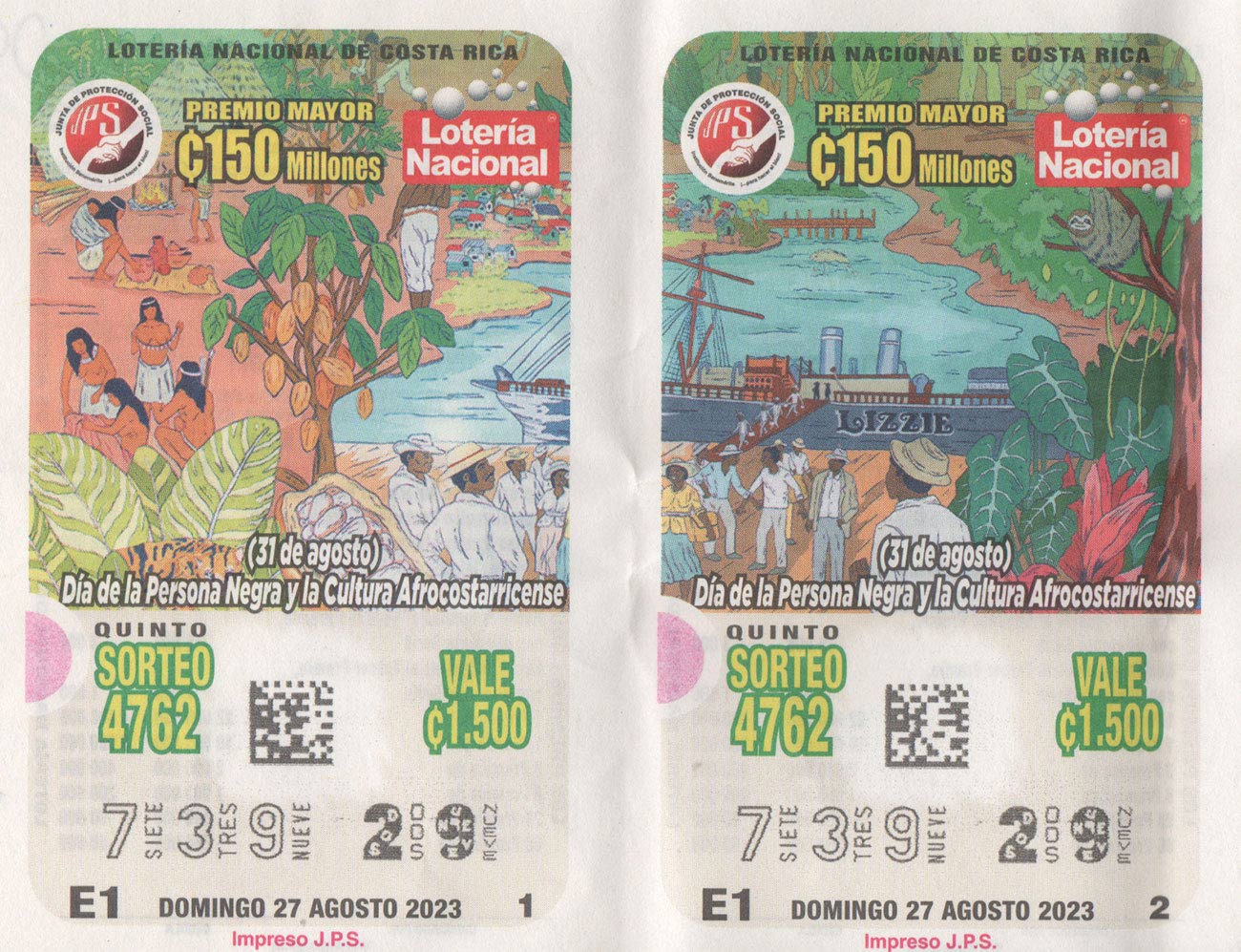loteria 739-29 jps Día de la Persona Negra y Cultura Afrocostarricense, Domingo 27082023